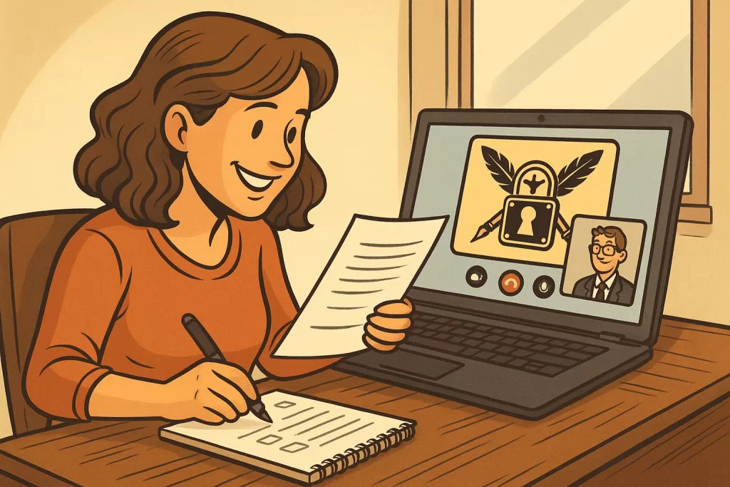 Remote online notary appointment preparation shown in a semi-realistic digital illustration, with a person reviewing documents beside an Acclaimed James Notary logo and a checklist of ID, paperwork, and payment essentials.