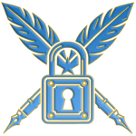 Acclaimed James notary logo with blue beveled lock and feather pens, gold trim background. Remote Online Notary