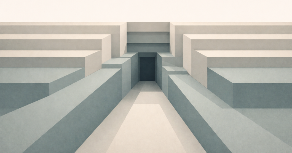 Featured image for "Authority Refused to Yield". Symmetrical horizontal rectangular layers extend inward from both sides toward a narrow central vertical opening. The composition uses muted beige and blue-gray planes with sharp edges and a centered, enclosed void.