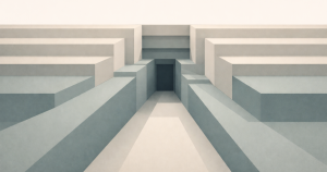 Featured image for "Authority Refused to Yield". Symmetrical horizontal rectangular layers extend inward from both sides toward a narrow central vertical opening. The composition uses muted beige and blue-gray planes with sharp edges and a centered, enclosed void.