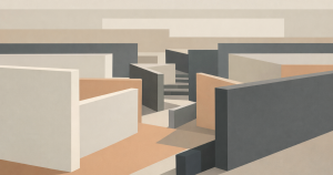 Featured image for "The Reaction Was the Product". An abstract arrangement of layered rectangular planes in muted beige, gray, and soft orange, forming staggered vertical and horizontal blocks with open gaps between them. The shapes recede in depth across a wide horizontal frame with flat lighting and ample negative space.