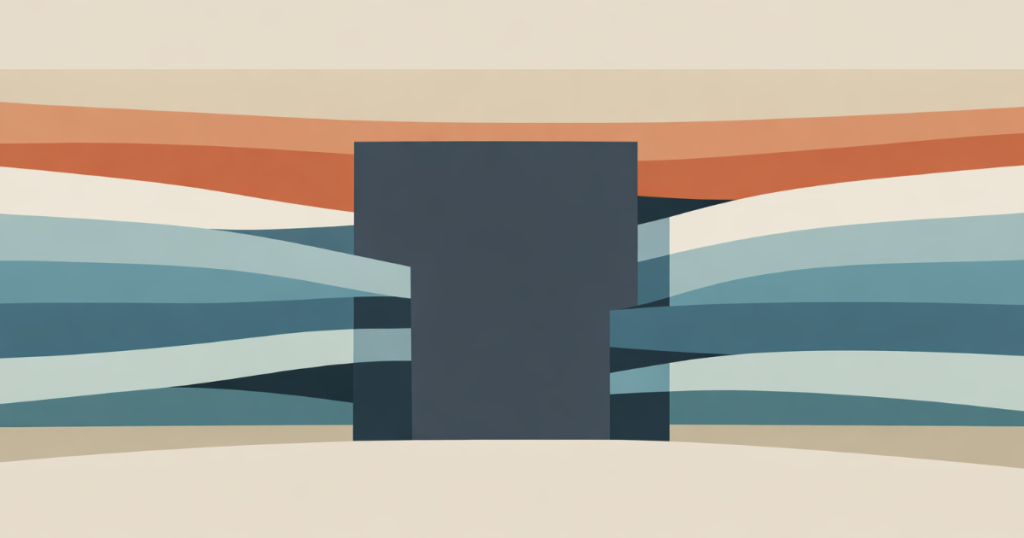Featured image for "The Threat Was the Point, Not the Punchline". Abstract illustration of layered horizontal bands in muted blue and rust tones intersecting around a central dark rectangular block.