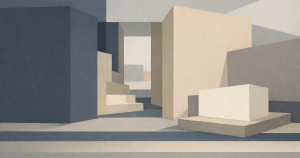 Featured image for "This Was Not About History". Abstract geometric composition with large muted blue and beige rectangular planes forming a narrow central passage. Layered blocks and stepped rectangular forms recede into the background within a wide frame.