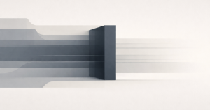 Featured image for "This Was Not About Privacy". A wide horizontal field with layered muted gray planes moving from left to right, interrupted near the center by a dense vertical rectangular block. Thin horizontal lines continue faintly behind the block, with open space on the right side.
