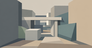 Featured image for "This Wasn’t About Scripture, It Was About Authority". Abstract geometric scene with layered rectangular planes forming vertical blocks on both sides and a narrow central passage, using muted beige, gray, and blue-green tones with open space toward the background.