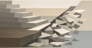 Featured image for "Hollywood's Panic Was the Point". Several large horizontal rectangular layers are stacked on the left, decreasing in height as they extend to the right. On the right side, the layered structure breaks into scattered rectangular fragments against a muted background of beige, gray, and blue-gray fields.