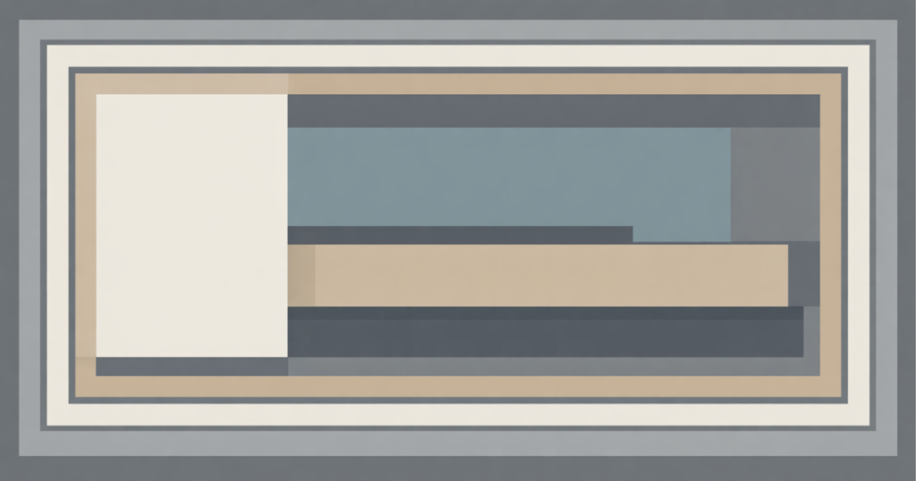 Featured image for "The Joke Was the Mechanism". A series of nested rectangular frames surrounds overlapping horizontal and vertical blocks in muted gray, beige, and blue tones. One inner rectangle is slightly offset within an otherwise aligned arrangement.