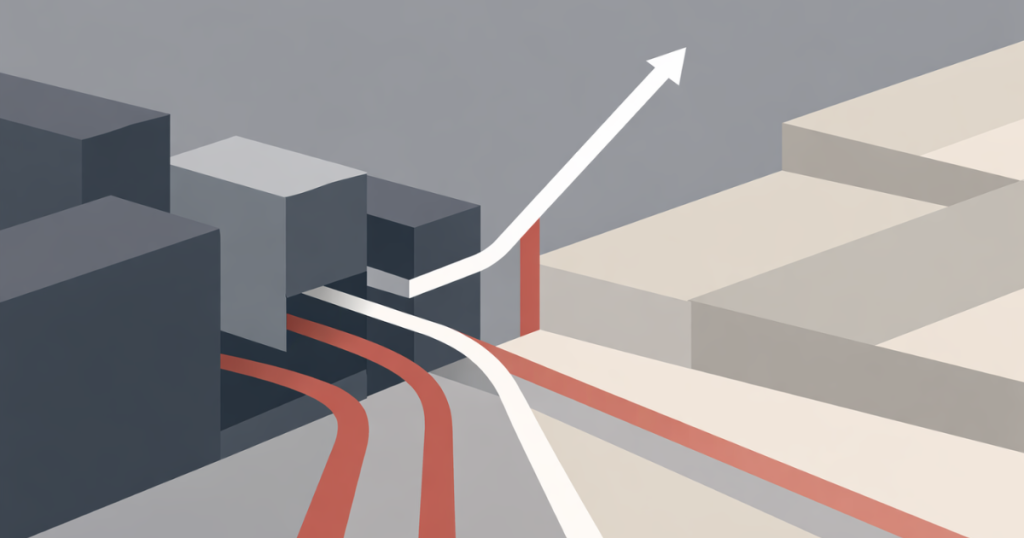 Featured image for "When Narrative Replaces Failure". A set of thick rectangular blocks occupies the left side, while several parallel lines approach from the right, bending sharply as they pass through narrow gaps between the blocks and continuing into open space. The composition uses muted grays, off-white, and subdued red tones with clear separation between dense and open areas.
