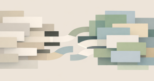 Featured image for "Work Chose Stability Over Performance". Overlapping rectangular layers appear on both sides, with curved bands connecting them across the center. Muted beige, gray, green, and blue shapes are offset and stacked with varying spacing.