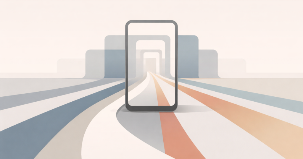 Featured image for "It Was Always About Identity Enforcement". Abstract illustration of a smartphone centered in layered frames, with converging pathways flowing through it, suggesting movement through controlled access or checkpoints.