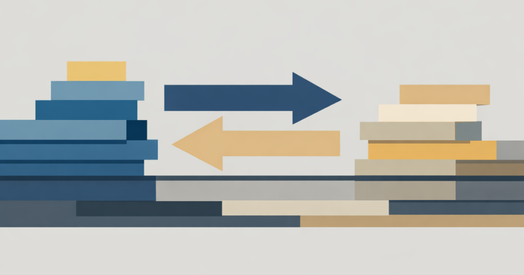 Featured image for "Pricing Power Was Always Conditional". Two stacks of layered rectangles sit on the left and right sides, with long horizontal shapes extending between them across the center. The composition uses muted blues, grays, and beige tones on a light background with strong horizontal alignment.