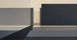 Featured image for "Why Nothing Happens After the Click". A set of large rectangular planes in muted gray and beige tones arranged with a narrow central gap between them, creating a blocked passage. Layers of flat surfaces extend horizontally with sharp edges and deep shadows.