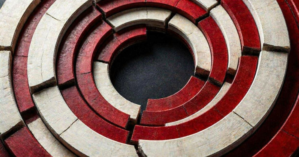 Featured image for "The Useful Thing Was the Problem". Concentric rings collapsing inward casting sharp shadows in bone and crimson.