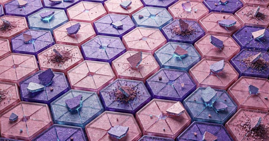 Featured image for "Changing Your Offer When It Stops Converting Is Not a Strategy". Endless hexagonal tiles splintering into floating dust particles, glowing with warm and cool light.