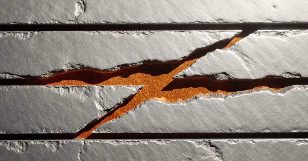 Featured image for "The Refinement Was a Retreat". Cold pewter slabs pulling apart in horizontal layers, ember orange bleeding through widening gaps.