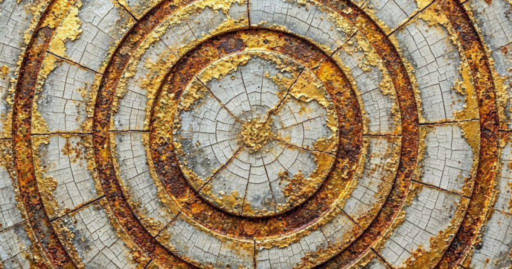 Featured image for "The Promise Was Always Conditional". Concentric cracked ceramic rings bleeding from ash grey into worn gold, fractured with rust stains spreading inward.