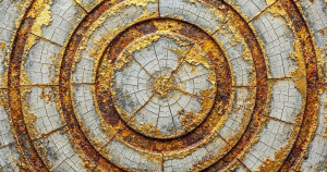 Featured image for "The Promise Was Always Conditional". Concentric cracked ceramic rings bleeding from ash grey into worn gold, fractured with rust stains spreading inward.