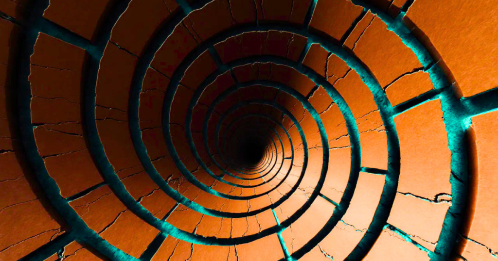 Featured image for "Why My Funnel Keeps Failing". Abstract spiral fracture planes in burnt sienna and teal splitting along precise hairline cracks.