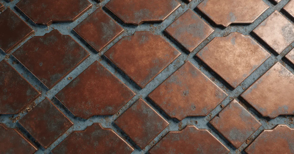 Featured image for "What Happens When Your Traffic Source Shuts Down". Oxidized copper and slate-blue geometric tiles expand outward in all directions with no single center.