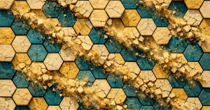 Featured image for "Affiliate Marketing Without a List Is Not a Strategy". Warm sand hexagonal panels fracturing into suspended dust along a diagonal, deepening to teal at fractured edges.