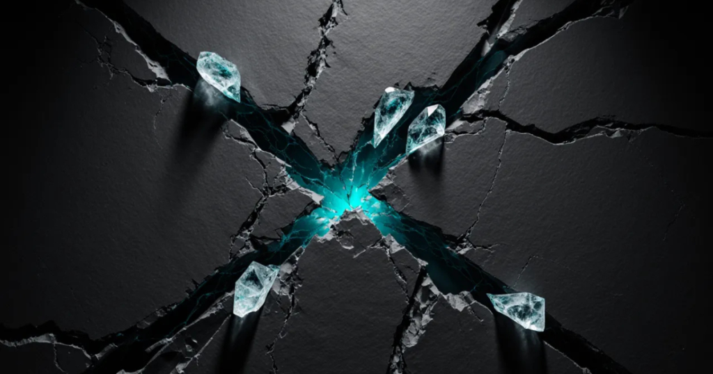 Featured image for "A Confession Not a Mistake". Charcoal fractured surface pierced by icy crystalline shards under sharp cyan light.
