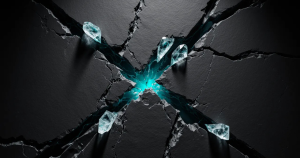 Featured image for "A Confession, Not a Mistake". Charcoal fractured surface pierced by icy crystalline shards under sharp cyan light.