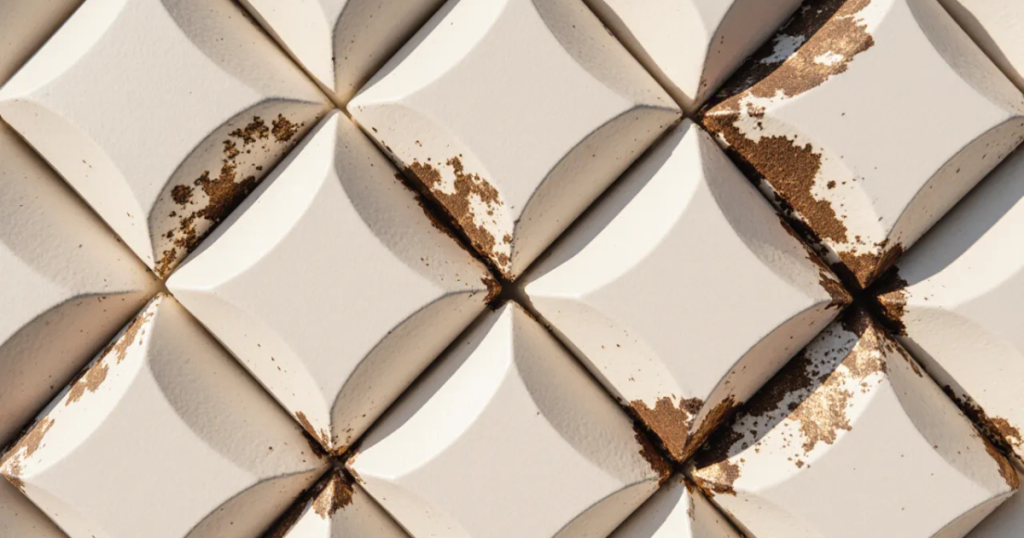 Featured image for "The Win Was Never the Expensive One". Ivory triangular facets corroded by bronze rust, shadows falling in conflicting directions.