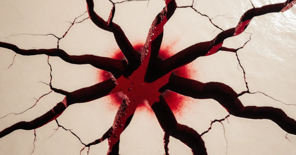 Featured image for "This Was Never About Trust": Cracked bone-white panels split apart, dark red ink seeping through from beneath