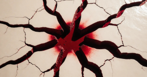 Featured image for "This Was Never About Trust": Cracked bone-white panels split apart, dark red ink seeping through from beneath