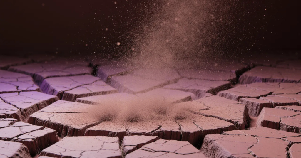 Featured image for "My Disclaimer Doesn't Fix My Offer". Crumbling rose and violet stone facets dissolve into a fine drifting dust haze.