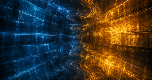 Featured image for "It Was Always About the Outcome". Abstract blue and amber planes converge and ripple like light underwater, forming a distorted central boundary.