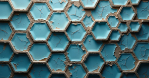 Featured image for "When the Count Replaces the Crime": Cracked hexagonal cells patched at the seams, edges dissolving into dark water.