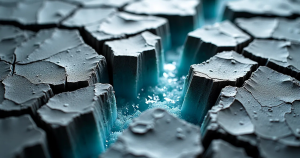 Featured image for "Caught, Not Convinced": Fractured charcoal-grey ground splitting open to reveal glowing cyan cracks beneath.