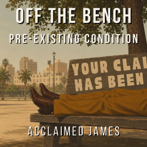 Cover of Off the Bench: Pre-Existing Condition by Acclaimed James. Man laying on park bench visible from the waist down. Bench back has a partial message. City scene in the background.