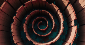 Featured image for "Rebranding Failure as a Strategic Pivot": Clay-red spiral segments crumble to ash over turquoise, low raking light casting long shadows.