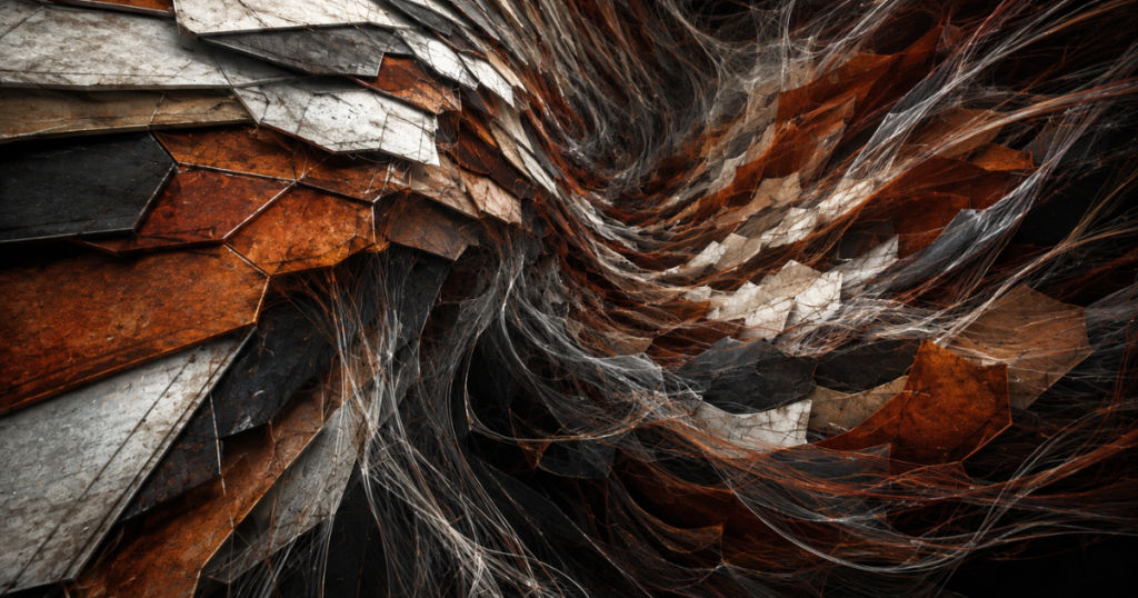 Featured image for "Why My Ad Account Keeps Failing Review". Rust, white, and black geometric layers unravel into fine threads around a deep central void.