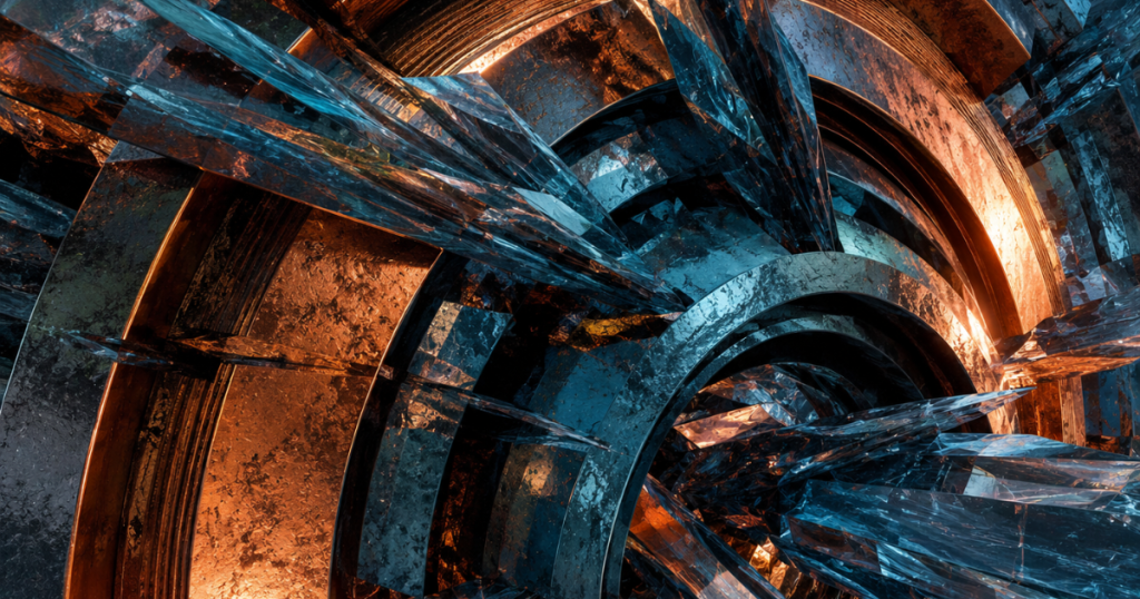 Featured image for "Why My Metrics Look Better Than My Sales". Layered copper and slate-blue concentric arcs are pierced by jagged crystalline shards, illuminated by uneven flickering light.