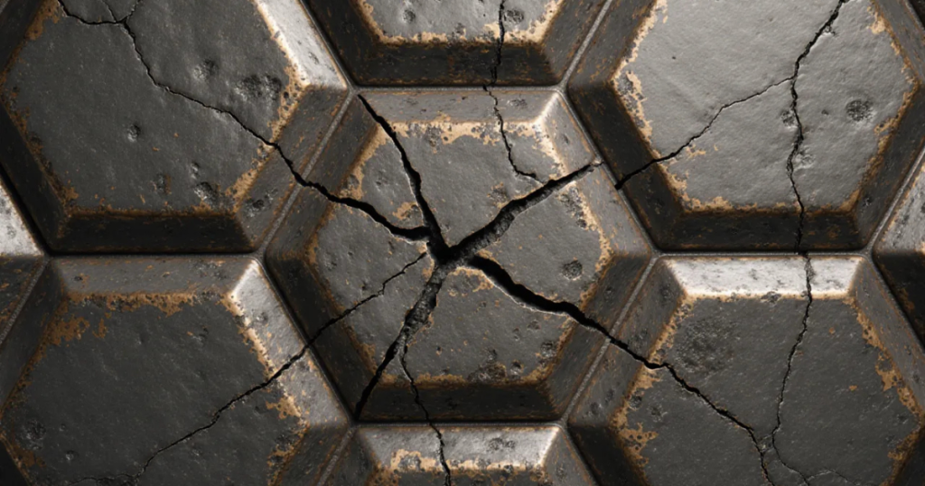 Featured image for "Manners Beat Accountability": Cracked metal panels fracturing outward from one point of pressure, worn and pitted.