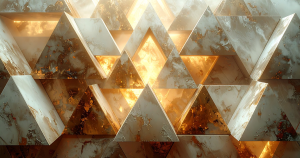 Featured image for It Was Always About Who Said It: Bronze faceted tiles in a diagonal grid, partly smothered by glossy ivory pigment.