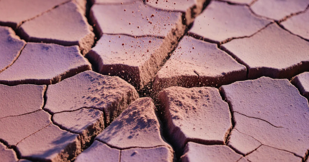 Featured image for "safelist site banned me for complaining": Sun-cracked clay bursting into dust at one point of pressure, rose and violet tones.