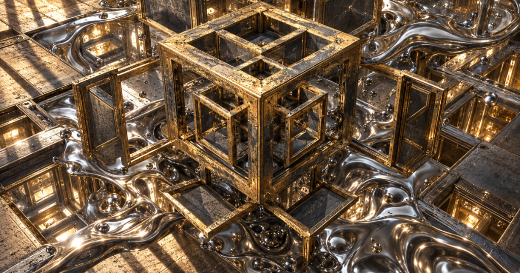 Featured image for "What to Cut When Campaigns Are Not Working": Folded metallic panels in graphite grey and gold tessellating across the frame