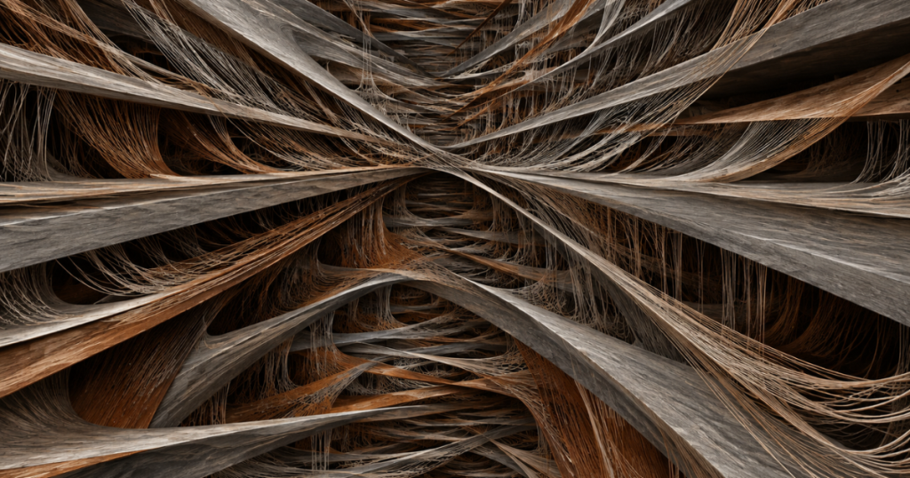 Featured image for Silence Over Disclosure: Grey layered ridges with one rust-brown thread lying across them.